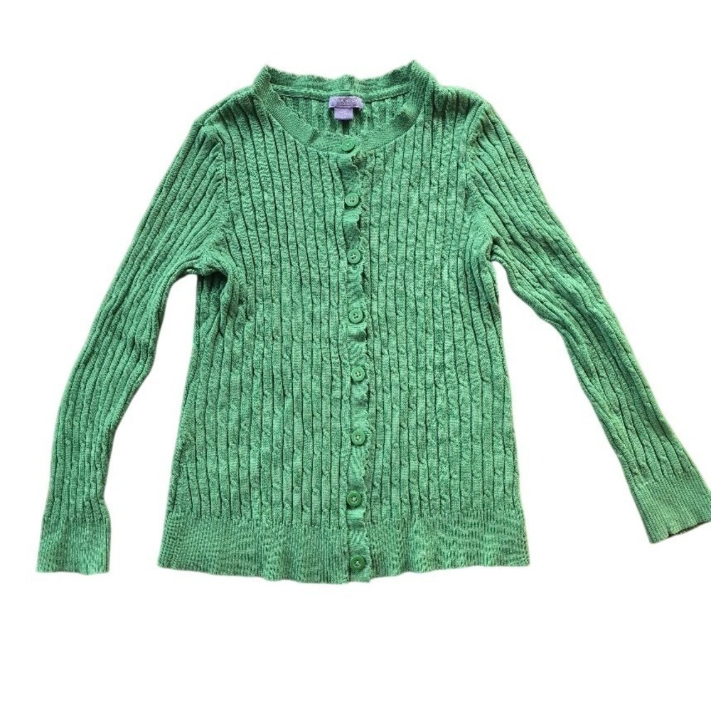Laura Scott Cardigan Sweater Womens LP Kelly Green Cable Knit Button Ribbed Fit